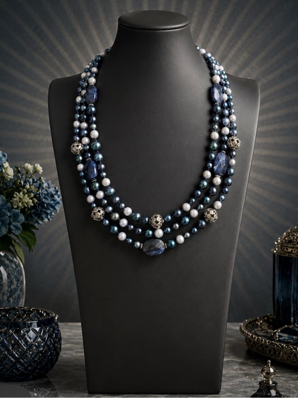LUCAS LAMETH Sterling Triple-Strand Faceted Sodalite & Cultured Pearl Necklace